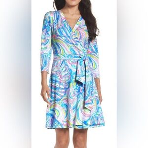 $178 New Lilly Pulitzer EMILIA WRAP DRESS Multi Gillty Pleasure Blue Pink XXS